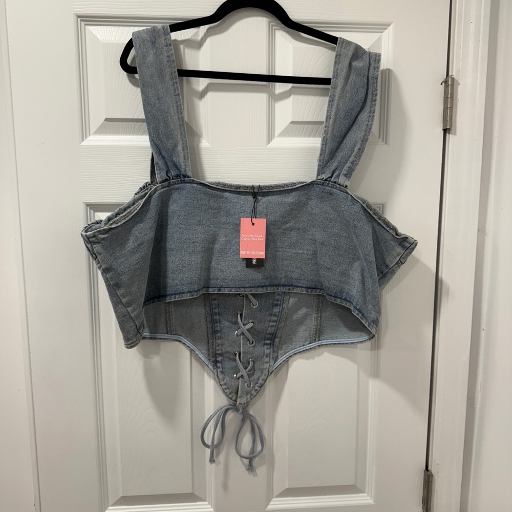 PrettyLittleThing Plus Size‎ Denim Lace Up Ruched Bust Corset Top 24 Cowgirl - Picture 8 of 8